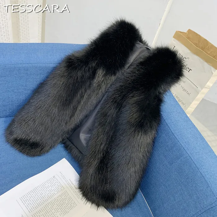 TESSCARA осень и зима женская пушистая шуба из искусственного меха жилет женский высокого качества искусственная теплая верхняя одежда и пальто размера плюс XS-3XL - Цвет: Black