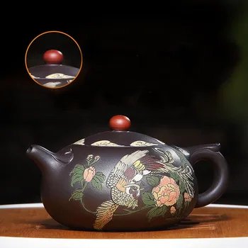

300ML Yixing Purple Clay Teapot Famous Hand Painted Peony Phoenix Pattern Xishi Pot Raw Ore Zi Mud 9 Holes Teaware Puer Kettles