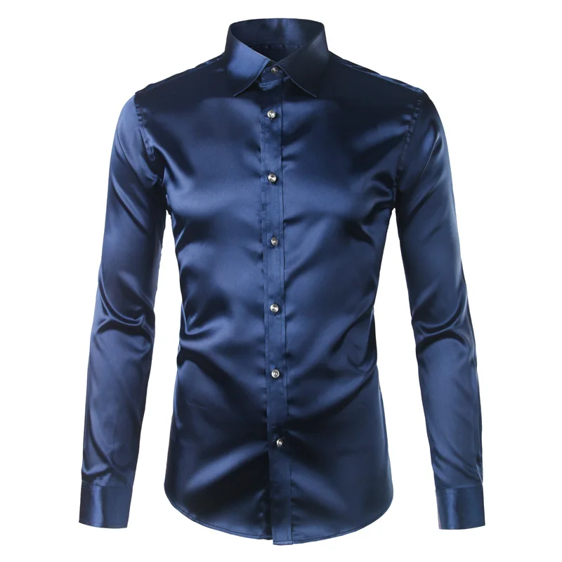 Новый золотой шелковый атлас рубашка Для мужчин Chemise Homme Мода 2017 г. Для мужчин s Slim Fit с длинным рукавом эмуляции шелк кнопка вниз платье