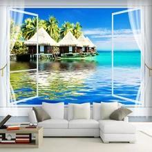 Пользовательские настенные фрески обои пейзаж, морское побережье окна настенная живопись Гостиная ТВ диван, домашний декор из нетканого материала Papel де Parede 3 D