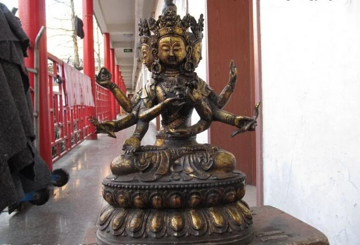 

150401 S0579 Tibet Fane Bronze Three Face eight Armed Hands Kwan-Yin Guan Yin Buddha Statue