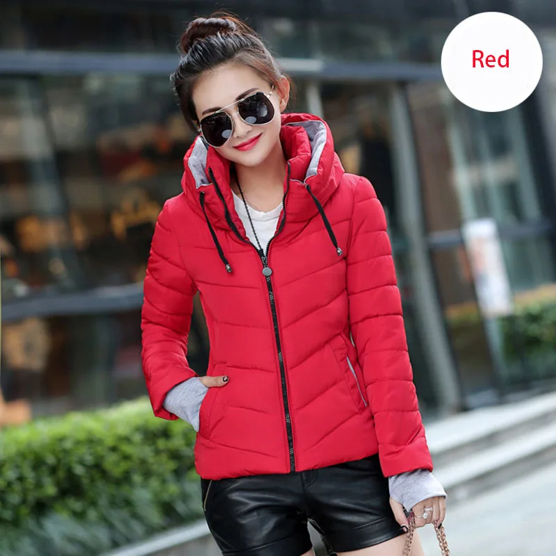 Женская осенне-зимняя куртка, теплые парки Плюс, Новая женская утолщенная короткая верхняя одежда с воротником-стойкой и хлопковой подкладкой, женские облегающие пальто - Цвет: Красный