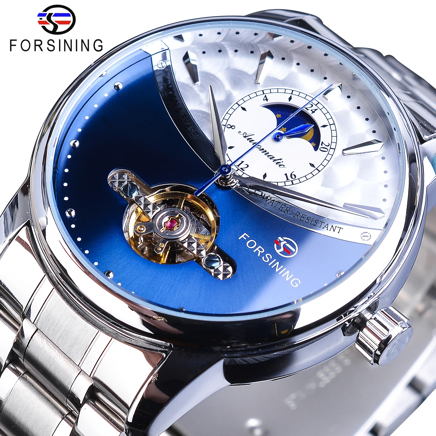 

Forsining Blue Moon Phase Automatic Mens Watches Business Watch Casual Steel Strap Waterproof Sport Mechanical Relogio Masculino