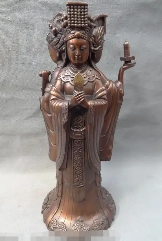 

S06957 18" Chinese Pure Bronze RuYi 3 Face Queen Mazu Kwan-yin GuanYin Buddha Statue
