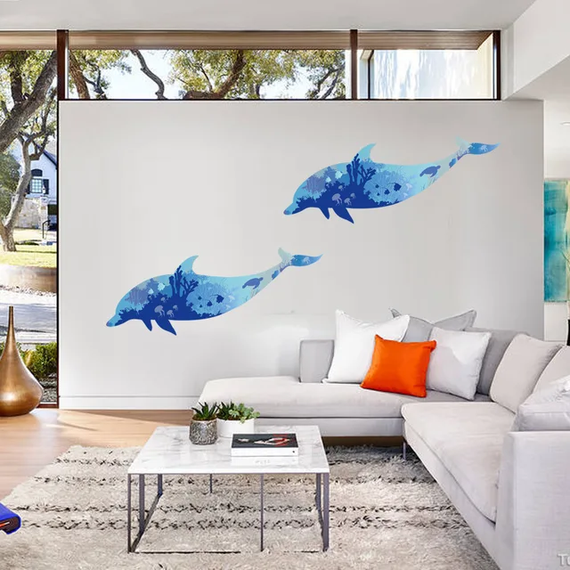 dasar laut landscape biru dolphin 3d wall sticker kamar mandi art