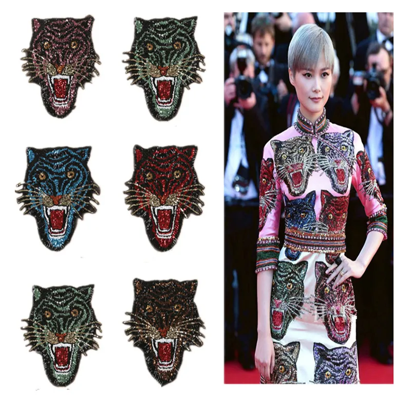 

24*23CM Shiny sequin patches embroidery tiger head 2 pieces/lot mix colors available 2018 NEW fashion garment accessories