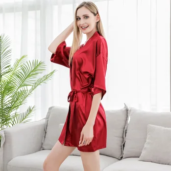 

Simulated Silk Pajamas Female Summer Mid-sleeved Robe Bathrobe Short Large Size Home Dress Sexy Robe Bath Robe Plus Size Women