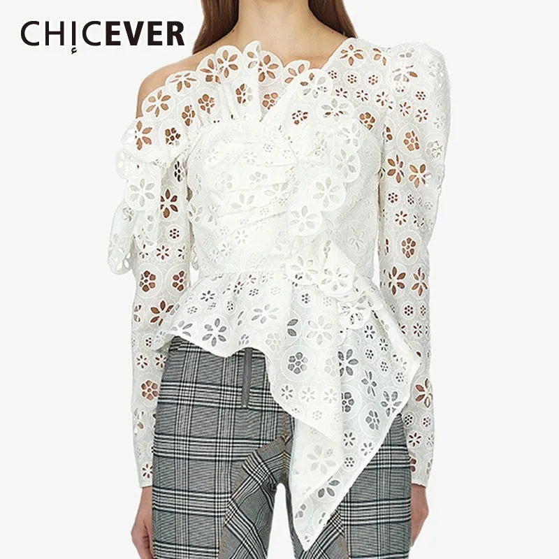 

CHICEVER Summer Streetwear Lace Hollow Out Women's Blouse Ruffles Long Sleeve Zipper Irregular Hem Female Top Clothing 2019 New