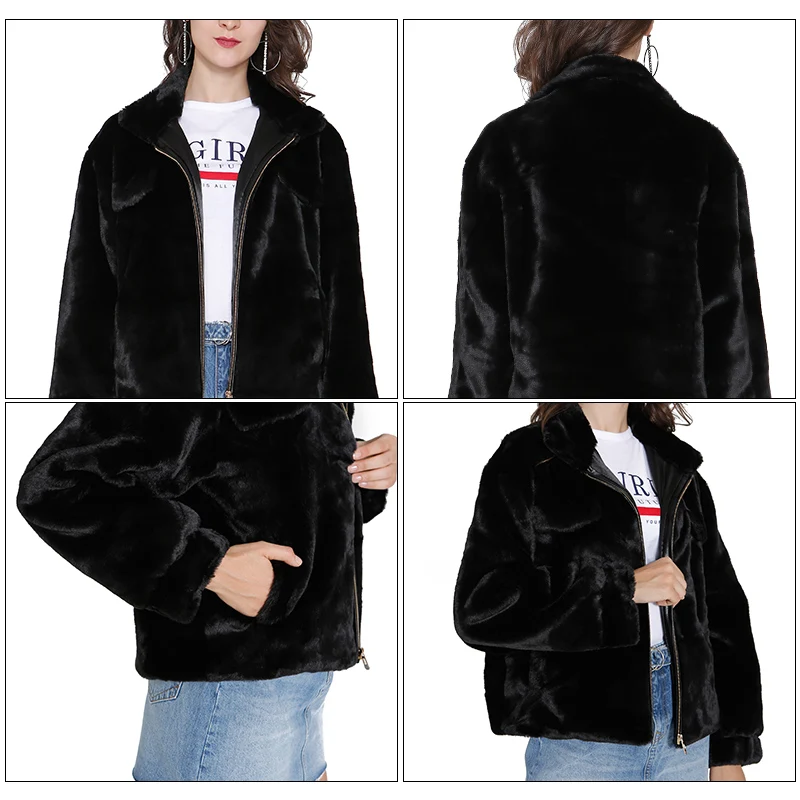 Hiver De Rex Survêtement Automne Femmes Glissière Vestes Fourrure Gilet À noir Manteau Fausse Blanc Casual En Lapin Faux 75xqHwUH
