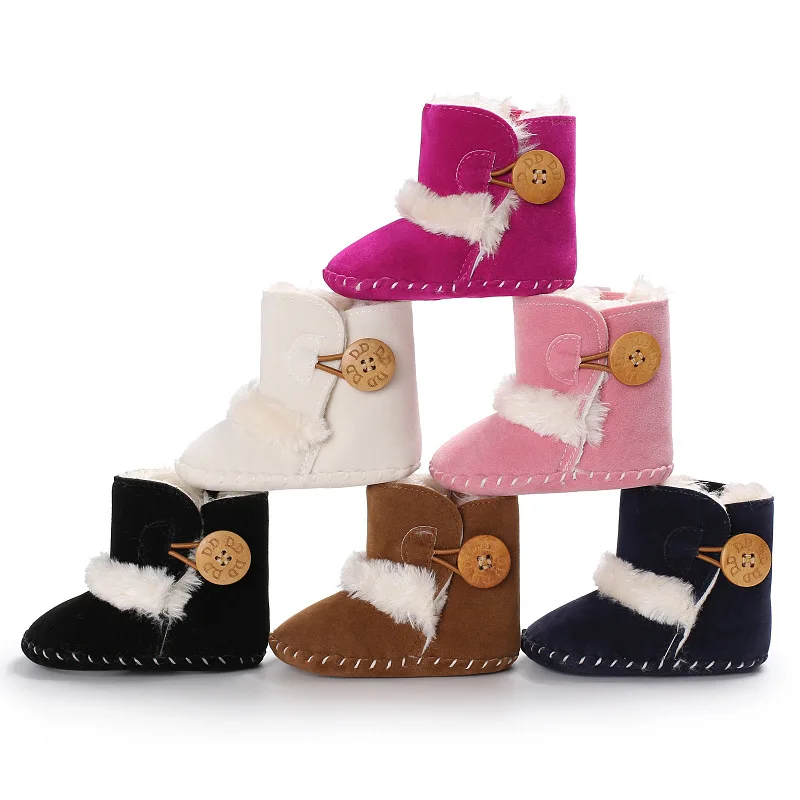 Модные детские ботинки на мягкой подошве с мехом, сохраняющие тепло, одноцветная обувь из искусственной кожи с мехом для новорожденных, нескользящая обувь для 0-18 месяцев