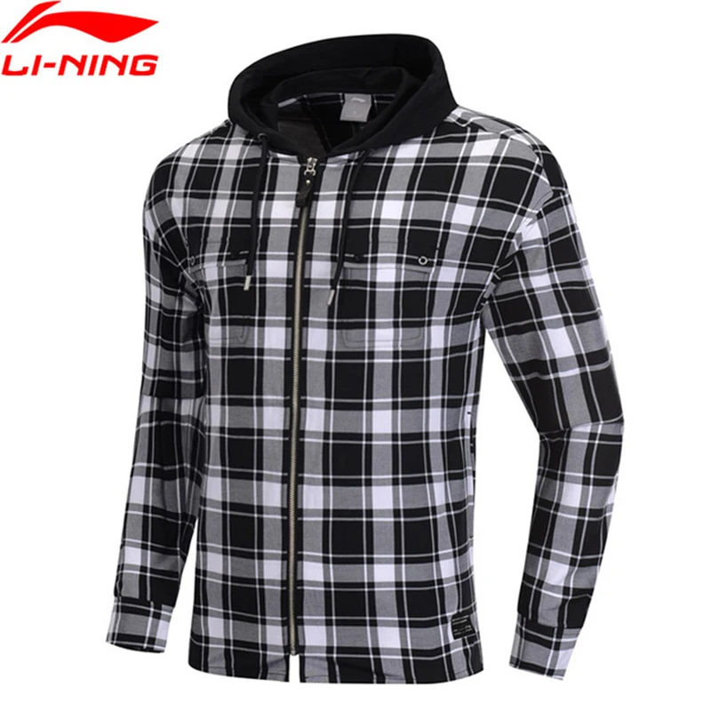 

Li-Ning Men The Trend Shirt Long Sleeve Hooded Plaid Regular Fit 100% Cotton LiNing Leisure Sports Blouse Tops ASHP001 CJFM19
