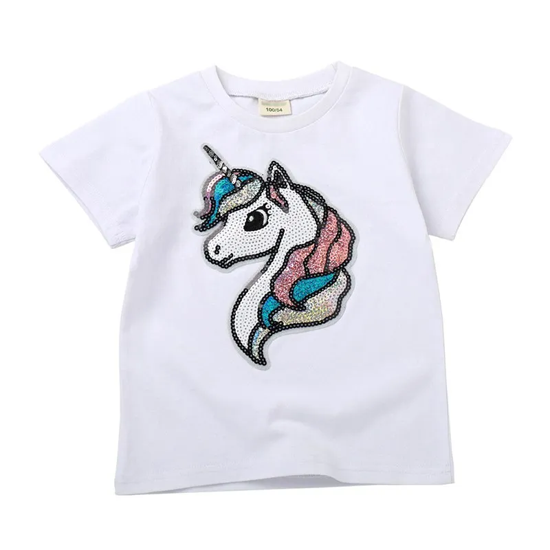 VOGUEON/Летняя футболка для девочек; волшебная футболка в блестках с единорогом; повседневная одежда для детей; модная черно-белая футболка с короткими рукавами и рисунком - Цвет: White T Shirt
