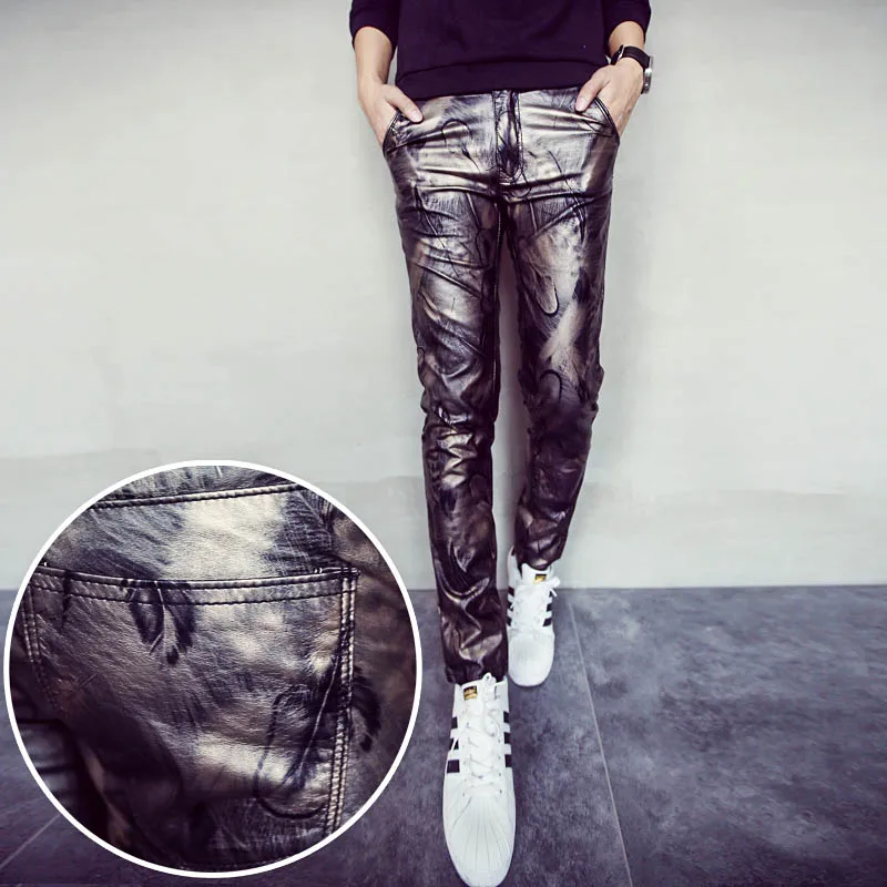 High Quality Hot Mens Camo Leather Pants Skinny Military Camouflage Pu