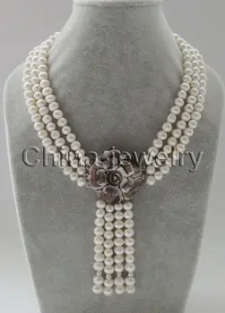 

5TRD57 FREE shipping> >>>17-19" 3row 8-9mm white round freshwater pearl necklace + pendant -