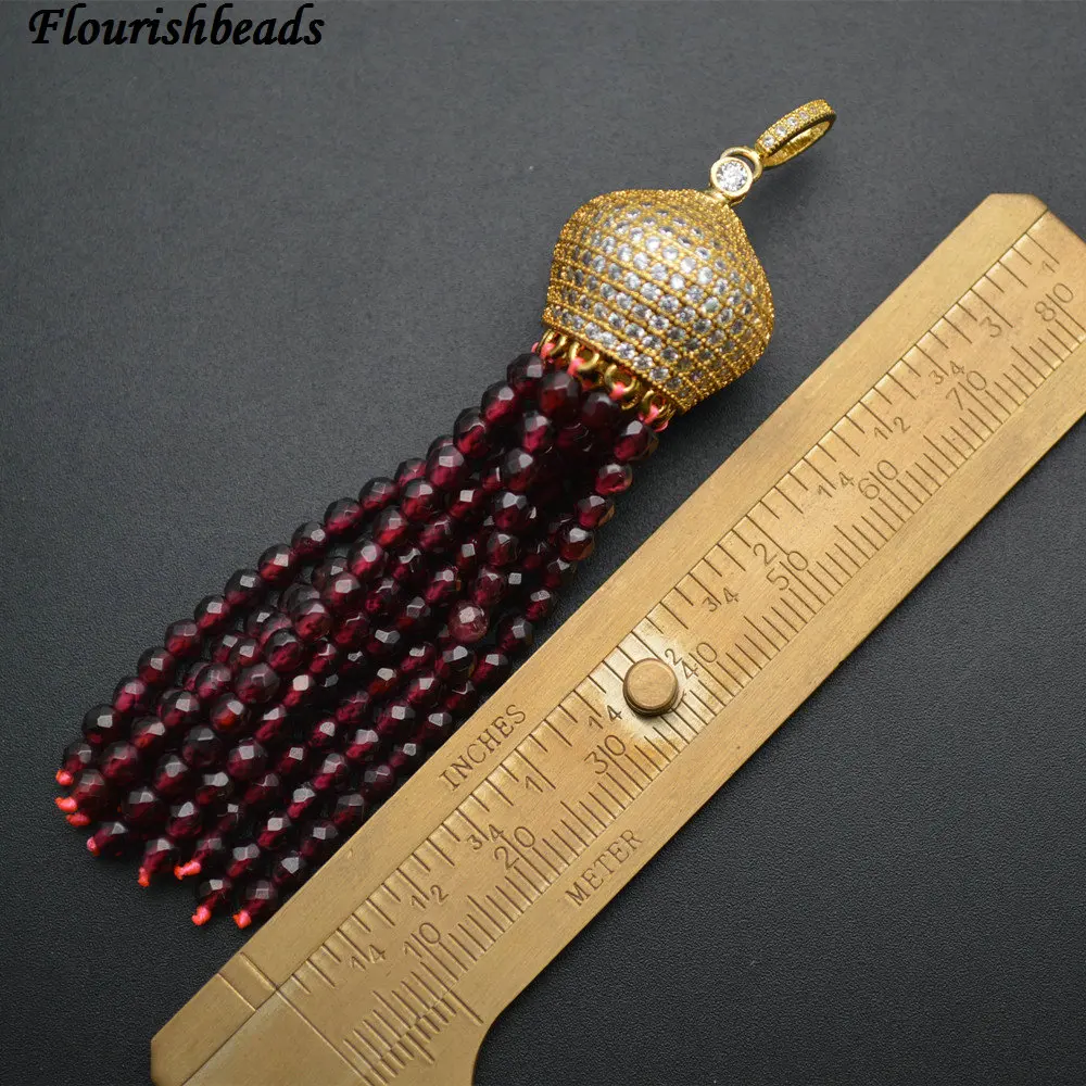 Natural Faceted 3mm Garnet / Rose Quartz / White Howlite Turquoise Round Seed Beads Tassel Pendants Paved CZ Metal Crown Cap