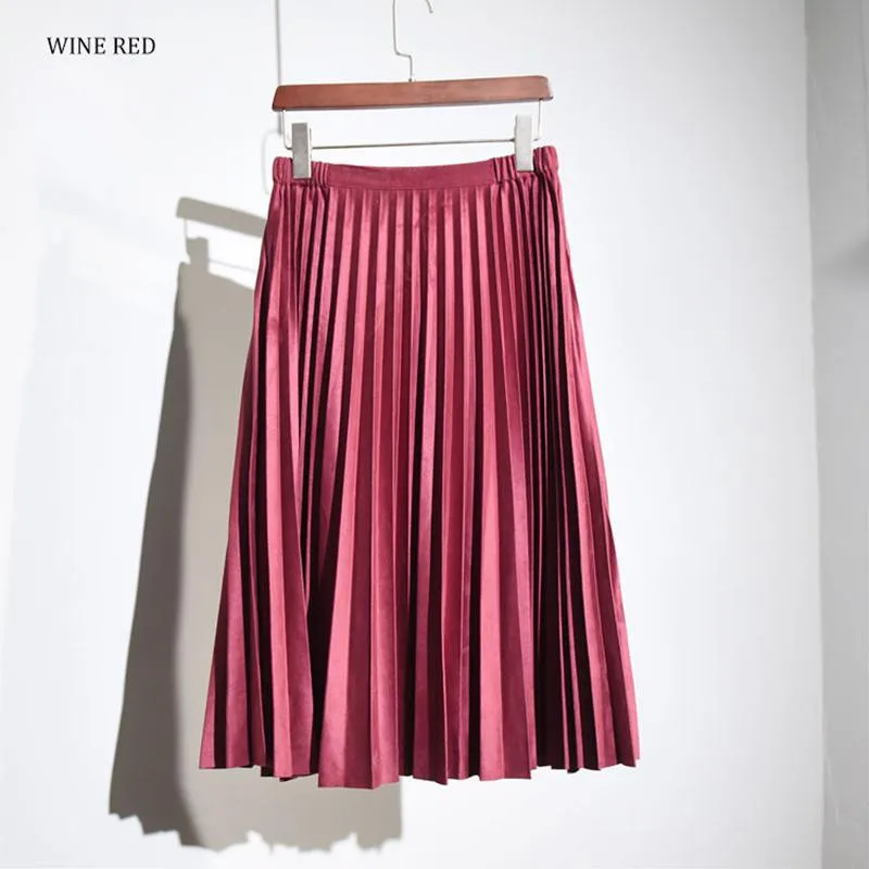 Женская элегантная миди-юбка с высокой талией Женские винтажные плиссированные юбки с эластичной талией из полиэстера и замши 8 цветов SK55