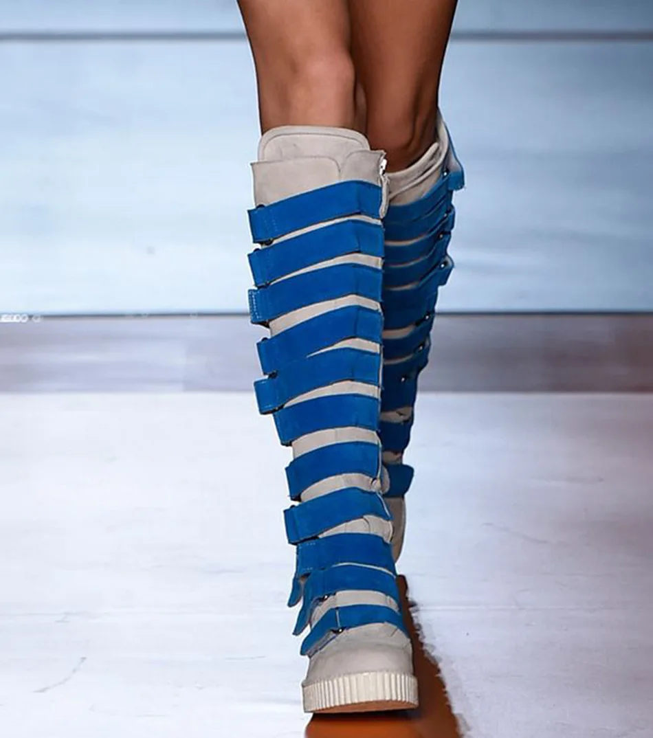 Новинка года; женские сапоги-гладиаторы до колена на молнии в римском стиле; женская разноцветная обувь на плоской подошве с круглым носком