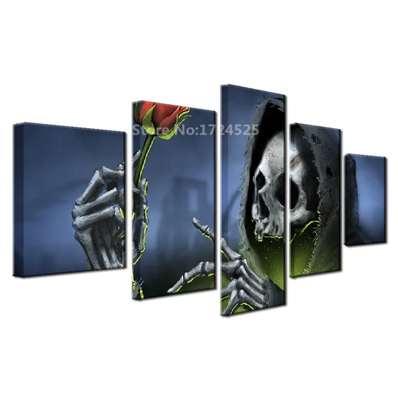 Canvas-Pictures-Home-Decor-Wall-Art-5-Pieces-Black-Hat-Skull-Red-Rose-Painting-For-Living (5)