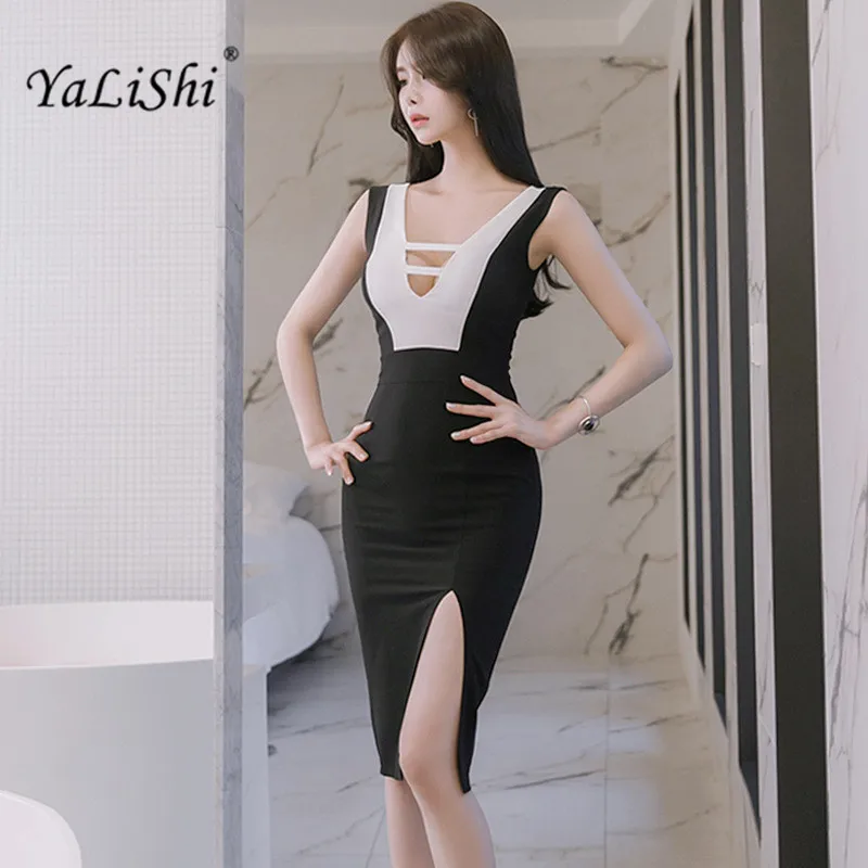 

YaLiShi 2017 Summer Women Black Sexy Dresses White Sleeveless V-Neck Patchwork Vintage Bandage Bodycon Sheath Dress Vestidos