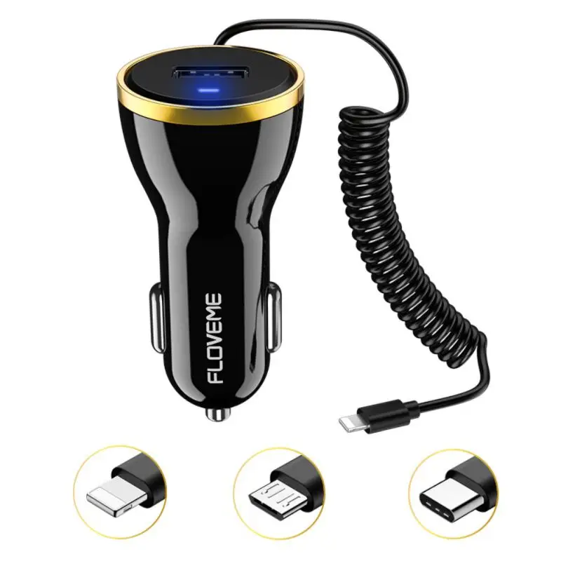 USB Car Charger For iPhone X Xs Max 2.1A Car-Charger With Micro Type C USB Cable For iPhone Smartphone Chargers Supports QC2.0