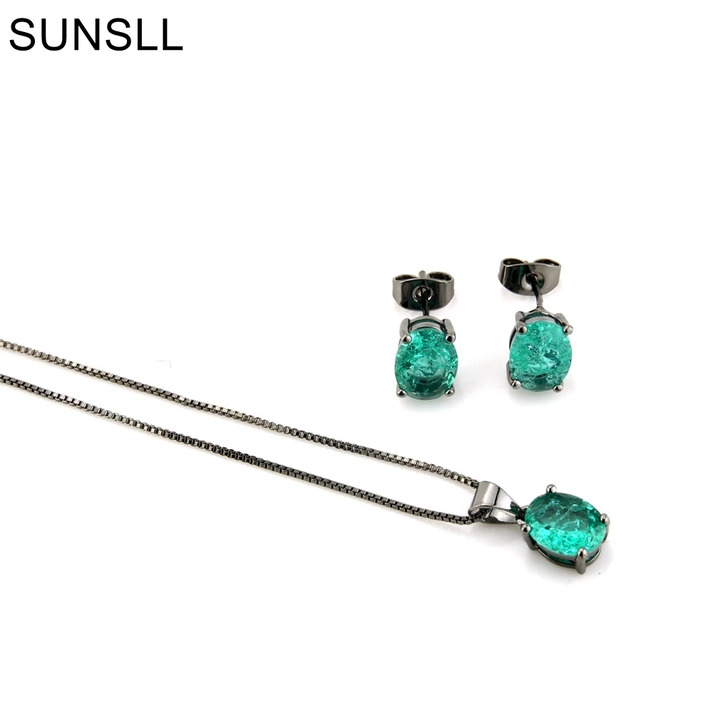 

SUNSLL Black Color Copper Multicolor Crack Cubic Zirconia Stud Earrings And Pendant Necklaces Women's Fashion Jewelry Sets