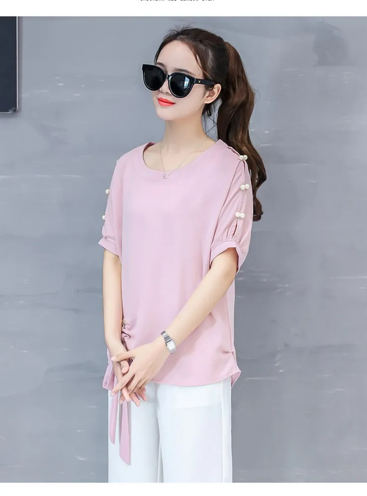2018 New Arrival Chiffon Blouses Women Shirts Plus Size Beading Tops Female Fashion Short Sleeve O-neck Blusas Femininas  (4)