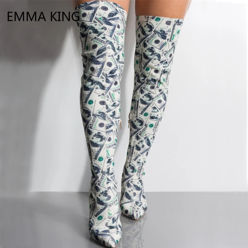 

Dollars Canvas Over The Knee Long Boots Women 2018 Spring Fashion Thin Heels Pointed Toe Ladies Zip Thigh High Boots Shoes Woman