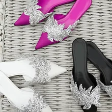 Женские тапочки с острым носком, украшенные стразами, украшенные стразами; женская повседневная обувь; Роскошные вечерние туфли без застежек на пятке