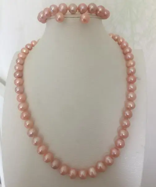 

set 9-10mm south sea round gold pink pearl necklace& bracelet 7.5-8&earring925silver