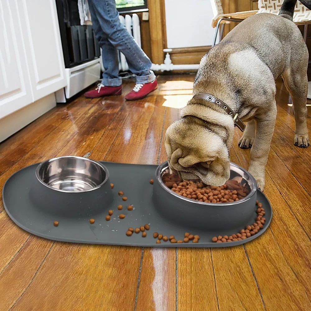 Steel Dog Food Bowl with No Spill Non Skid Silicone Mat Dog Pet Feeder