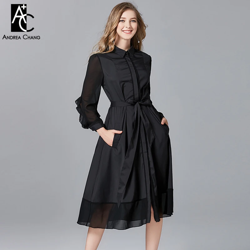 

PLUS SIZE woman dress L-5XL high quality summer spring dress ruffled transparent sleeve calf length black dress with waist sash