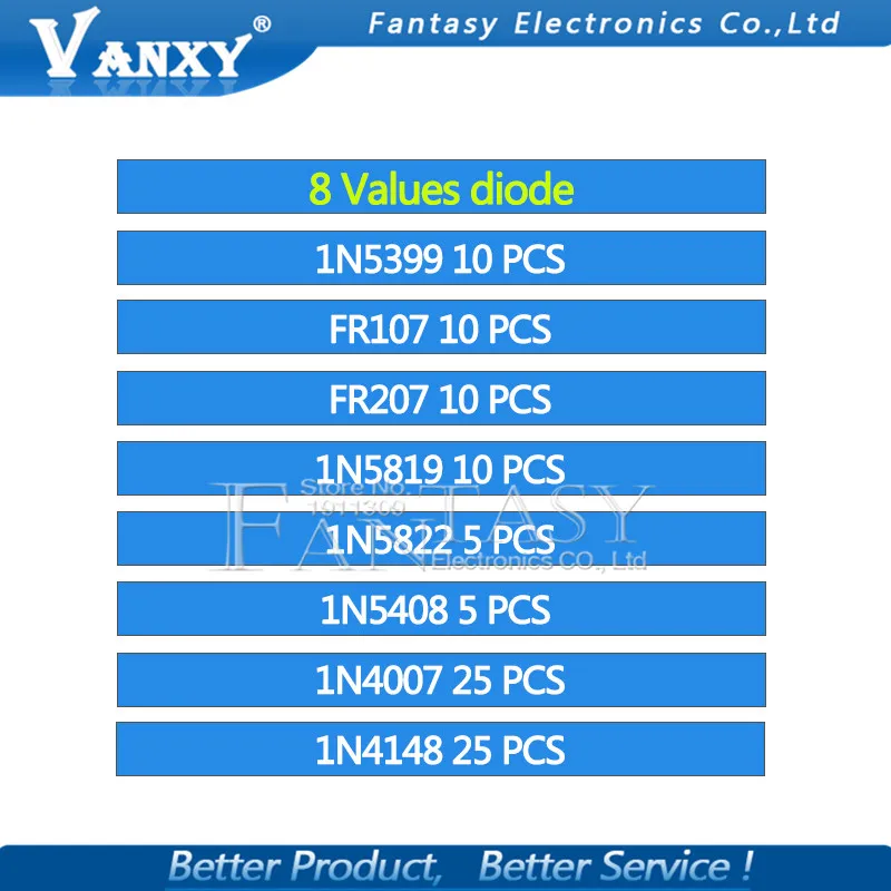 8 значений = 100 шт. 1N5399 1N5408 1N4148 1N4007 1N5819 1N5822 FR107 FR207 переключательный диод набор компонентов «сделай сам»
