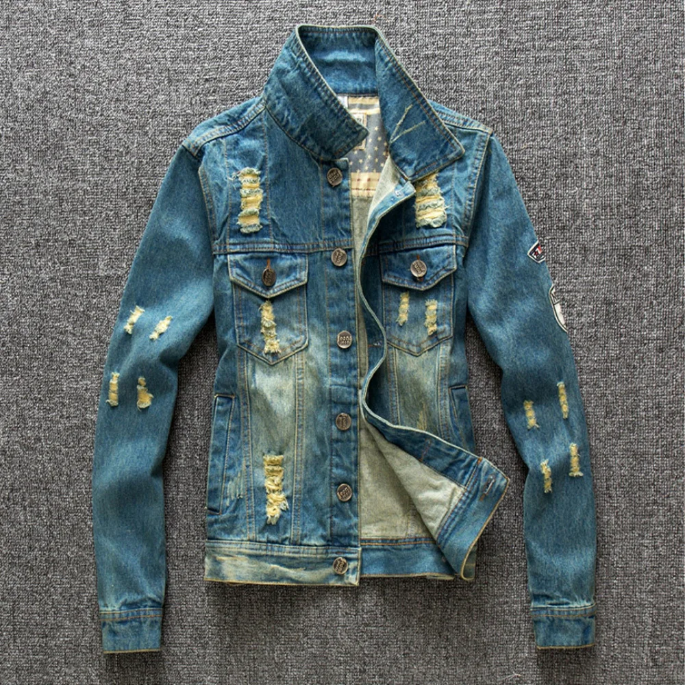 Autumn Men Denim Jackets Ripped Hole Destroyed Vintage Jeans Coats
