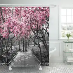 Ткань Душ Шторы с крючками лес-розовый цветет в Central Park Черный и белый пейзаж Нью-Йорке Afterlife