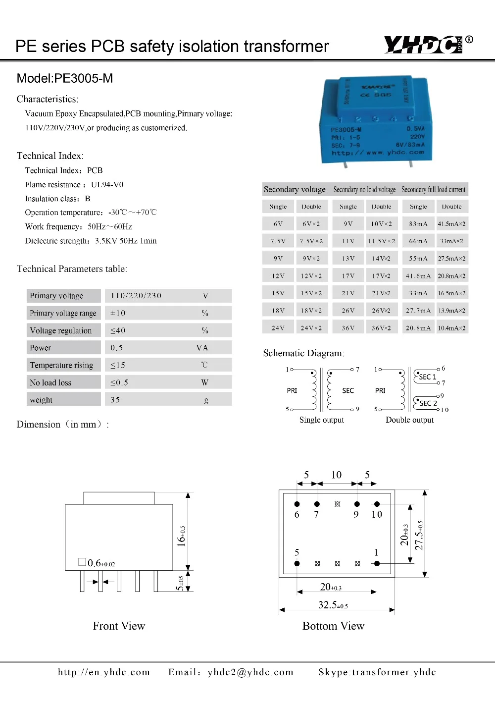 PE3005-M 0.5VA 220V 12V для монтажа на печатной плате YHDC Инкапсулированный трансформатор