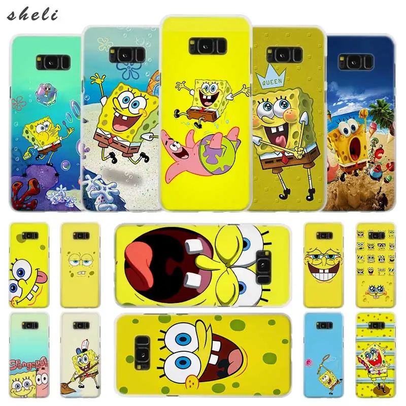 

Sheli cartoon SpongeBob SquarePants Transparent Patterned hard Case Cover for Samsung S4 S5 S6 S7 S8 S9 S10 Plus Edge Mini