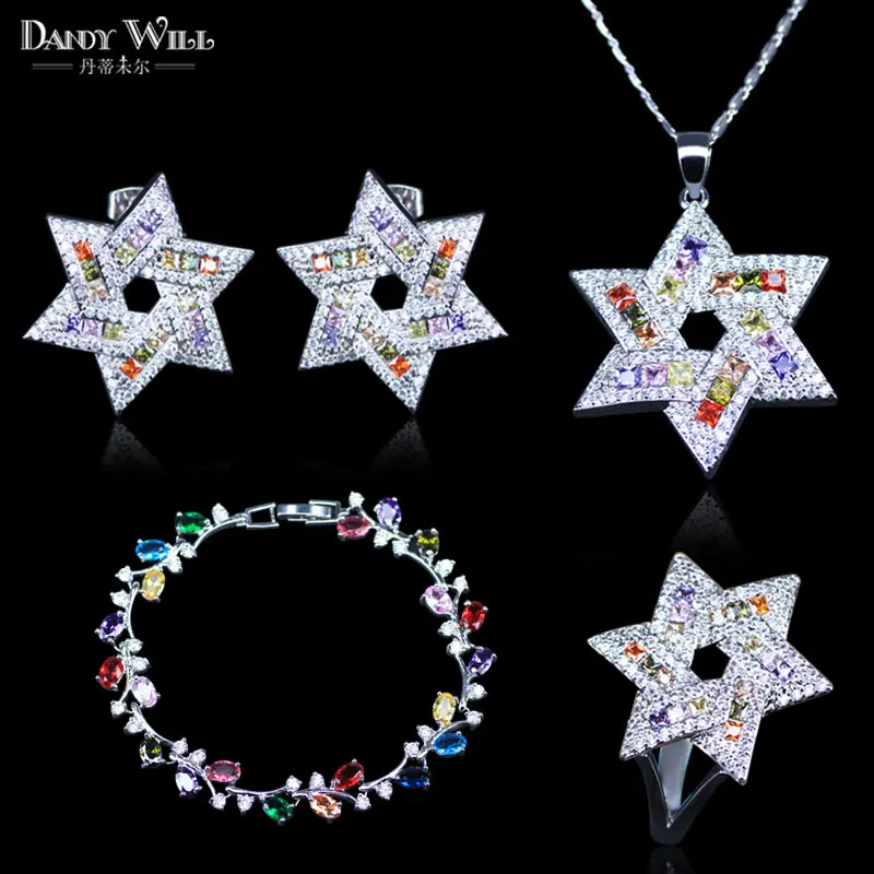 

Vintage CZ Big Hexagon Jewelry Sets For Women Multi Color Cubic Zirconia Earrings/Necklace/Bracelets/Ring Engagement Party Gift