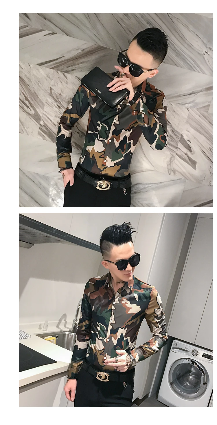 Корейская одежда для мужчин вечерние Клубные Chemise Homme camouflage камуфляжная рубашка для мужчин с длинным рукавом Slim Fit рубашки для ночного клуба