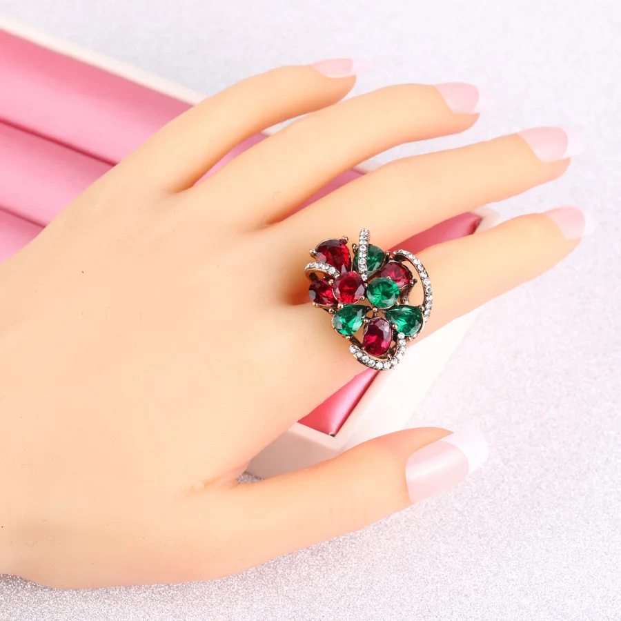 Luxury Antique Rings For Women Color Gold Crystal Flower Ring Multiple Layers Resin Party Anel Aneis Vintage Jewelry