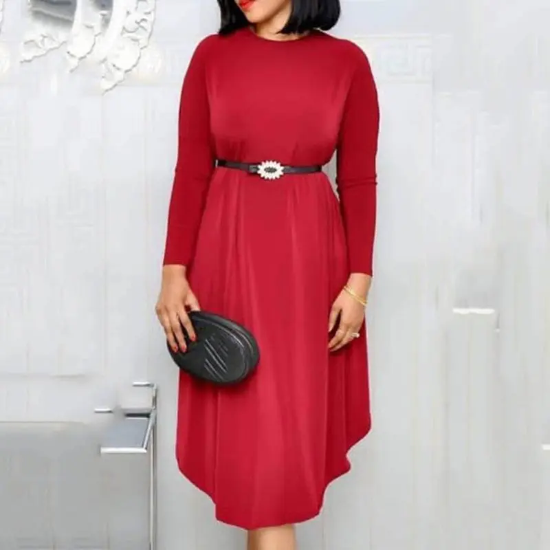 

African Office Casual Velvet Dress Women Asymmetric Stylish Belt Slim Purple Elegant Simple Solid Red Autumn Winter Midi Dresses