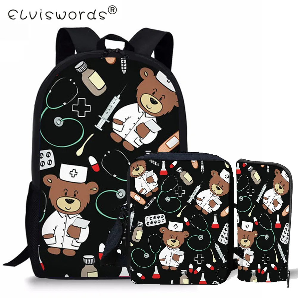 

ELVISWORDS 3pc/set Doctor Bear Pattern Kids Backpack Children Bookbags Boys Girls Students Backpack For Teenagers Rucksack Kids