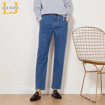 

LEIJIJEANS New Arrival Vintage women jeans Spring plus size fashion high waist light blue full length for women jeans 9005