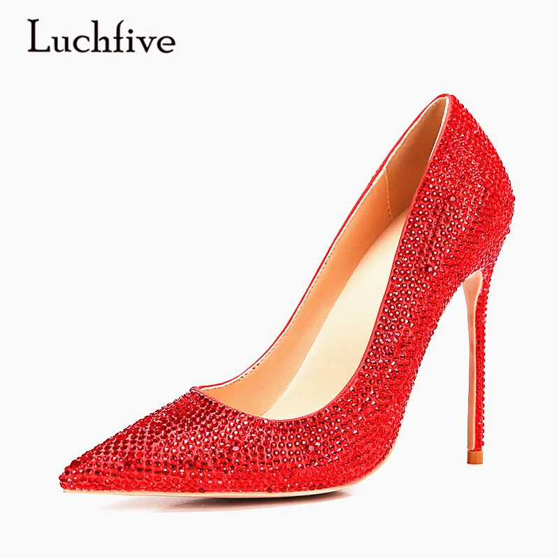 

Luchfive Crystal High Heels Ladies Party Wedding Shoes Red Silver Black Women Pumps rhinestones Pointed Toe Mules Shoes Woman