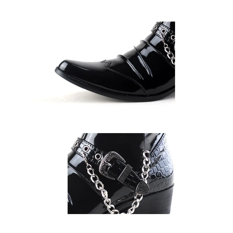 Мужские ботинки в стиле панк; обувь с острым носком; крокодиловая текстура; лакированная кожа; металлическая цепочка; Пряжка; ремешок; осенние ботинки «Челси»; ковбойская обувь