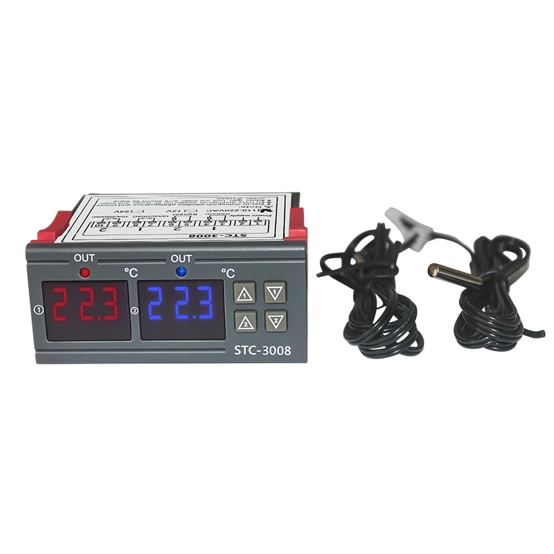 STC-3008, переменный ток, 220 В, 12 В, 24 В, цифровой двойной термометр, контроль температуры, Лер, термостат, контроль инкубатора, двухсторонний выход, двойной зонд