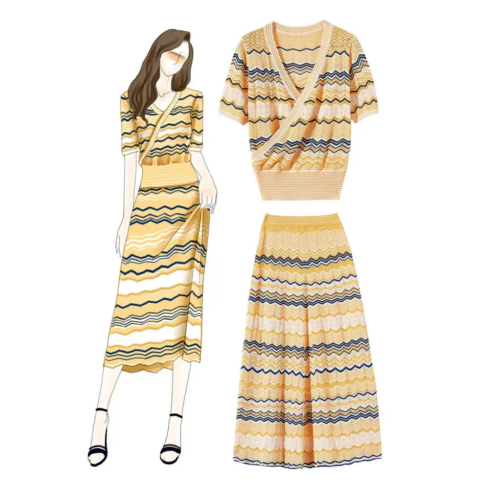 

Fashion women's knitted suit V neck T shirts elegant stripe Skirt 2pieces set Summer women set A300