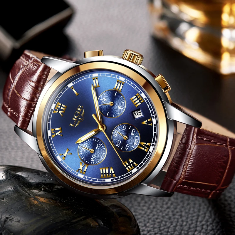  2018 Mens Watches New Brand Luxury LIGE Watch Men Military Sport Wristwatch Chronograph Leather Qua
