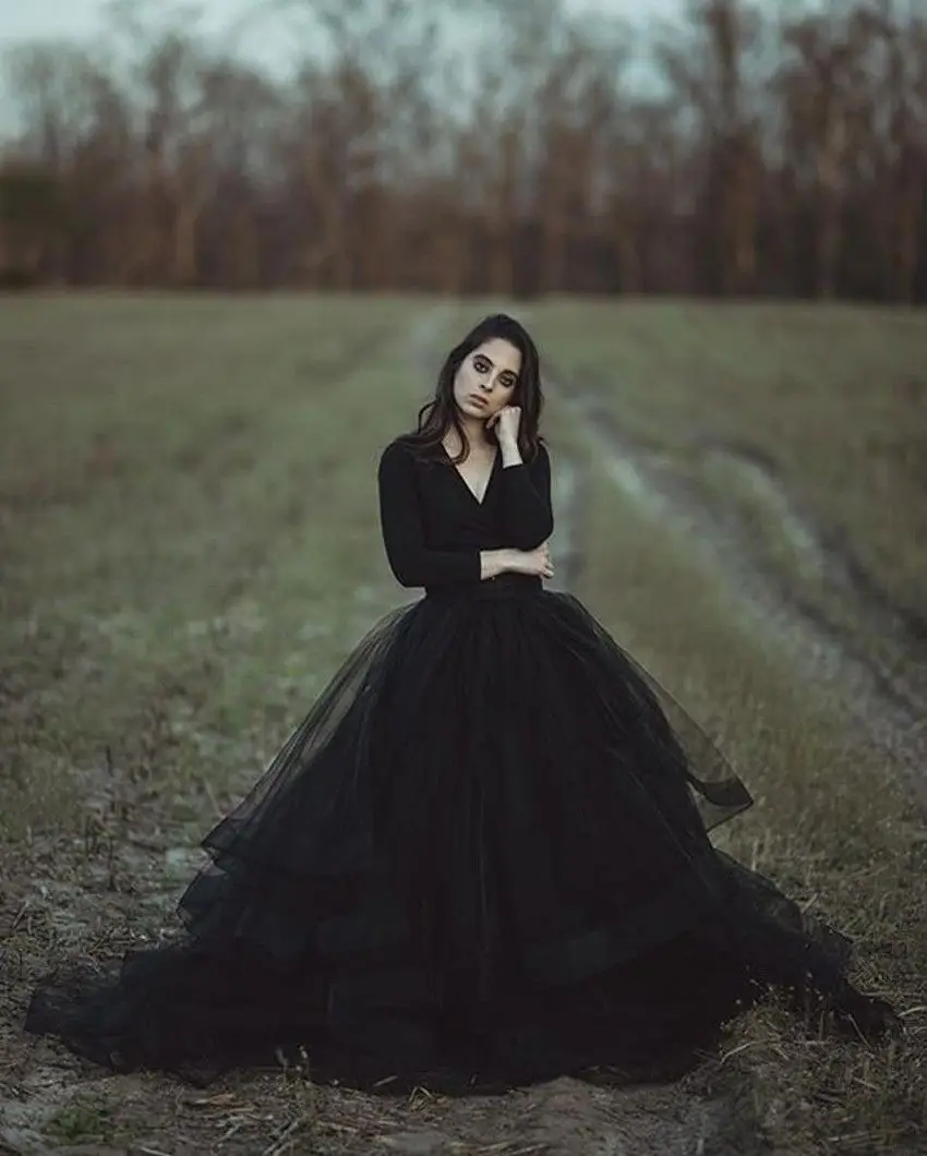 Тюлевое черное бальное платье с длинным рукавом, свадебные платья с v-образным вырезом, Многоярусное готическое платье размера плюс, свадебное платье Vestido De Novia