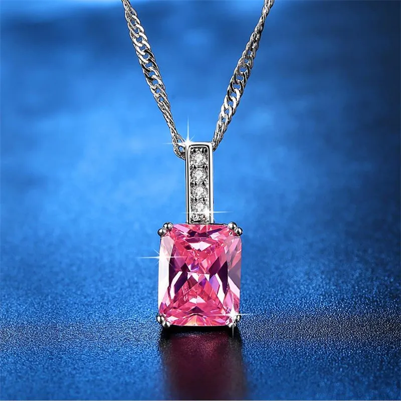 LUKENI New Fashion Silver 925 Female Choker Necklace Jewelry Charm Pink CZ Zircon Square Women Pendants Necklace Lady Christmas