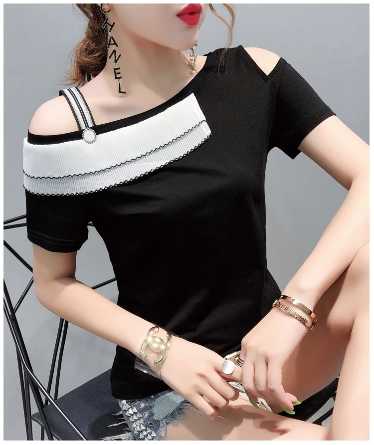 Корейская Сексуальная Лоскутная футболка с вырезом лодочкой, новинка, женский топ с коротким рукавом, рубашка, уличная одежда, Camiseta Mujer, черная, T96513